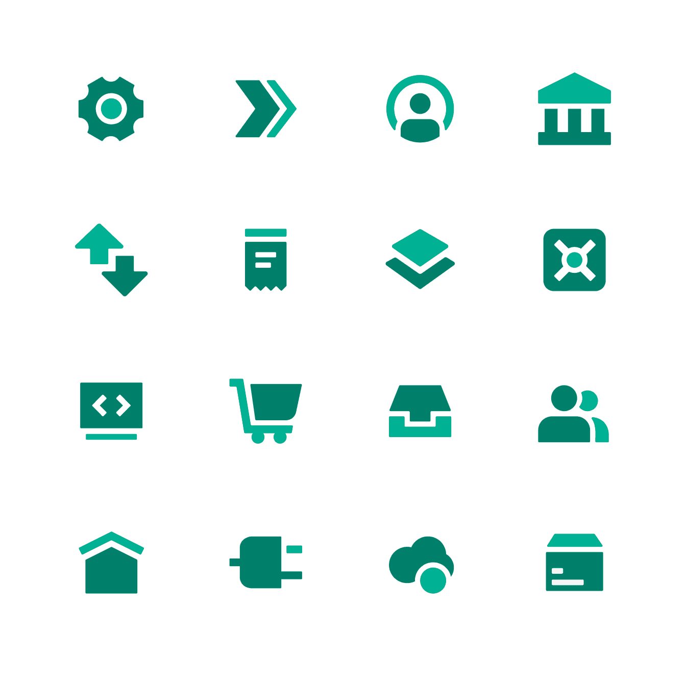 Icons grid 4x4 showcasing duo-tone icons in dark and light green